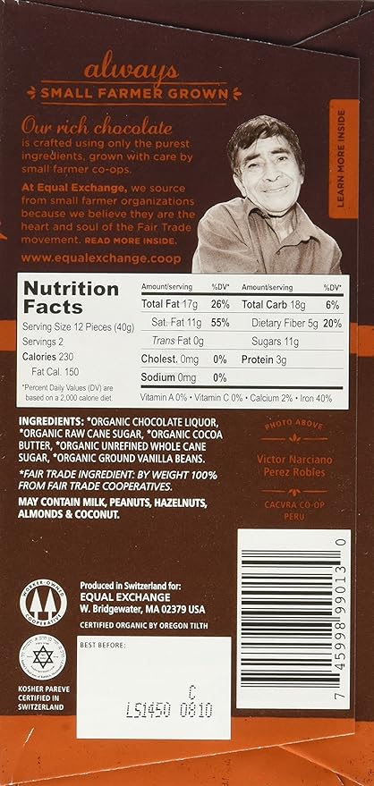Equal Exchange Organic Very Dark Chocolate 2.8 Ounce Pack of 6