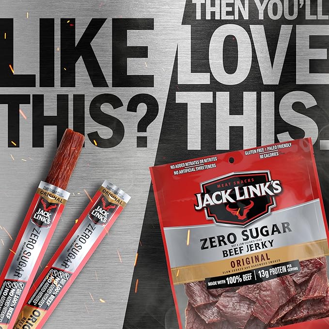 Jack Link's Original Zero Sugar Beef Sticks - 0.92 oz Meat Sticks - Ready to Eat Protein Snacks - 5g Protein per Serving - Made with 100% Real Beef(Pack of 40)