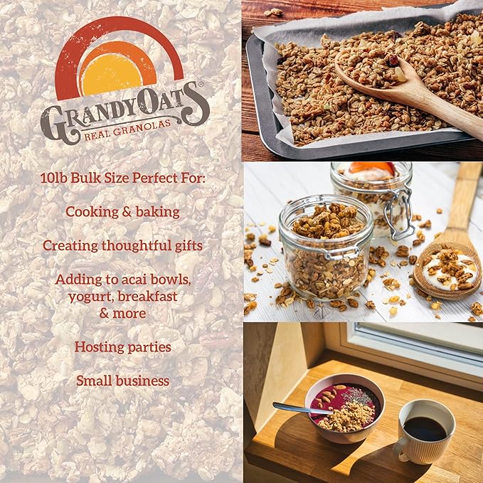 Grandy Oats Organic Granola10lb Bulk Bag - Classic Granola with Organic Oats Pumpkin Seeds Walnuts &amp Cashews - Low Sugar Dairy Free High Protein Granola Non-GMO &amp Kosher - 160 OZ