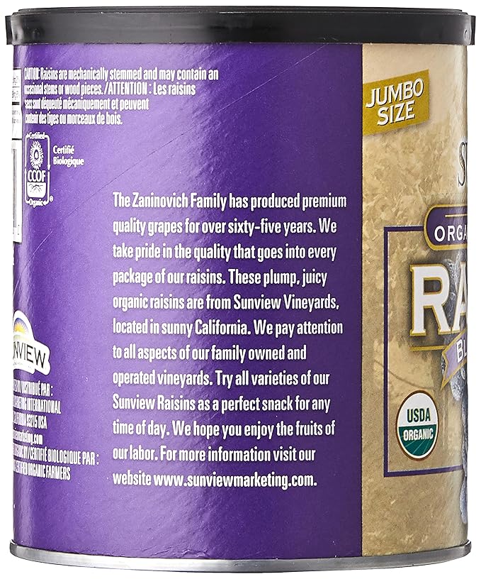 SUNVIEW Organic Black Raisins 3-15oz Canisters