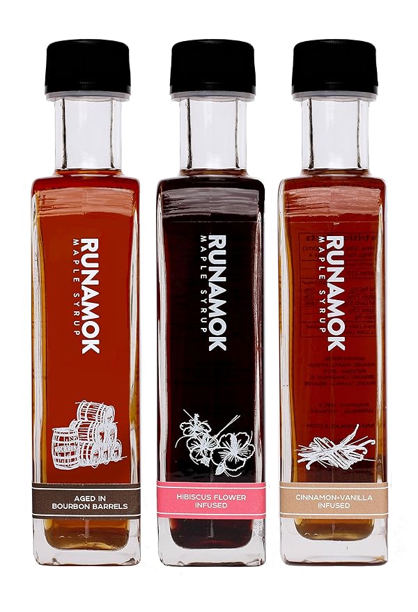 Runamok Maple Syrup Gift Box | Oprah's Favorite | Special Present For Holidays | Bourbon Barrel-Aged Hibiscus Flower &amp Cinnamon+Vanilla Infused | 3 Bottles of Real Maple Syrup | 8.45 Fl Oz (250mL