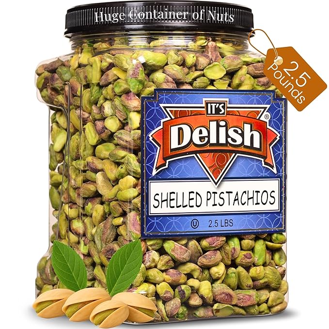 Premium California Roasted Unsalted Shelled Pistachio Kernels by Its Delish - 2.5 LBS Reusable Jumbo Container (Jar) Fresh &amp Crunchy Dry Roasted Pistachio Nuts No Shell No Salt Kosher Snack &amp