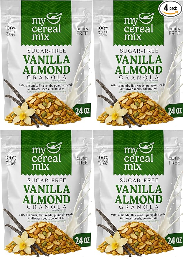 MyCerealMix Sugar Free Granola Vanilla Almond 4-Pack Family Size 96oz – Keto Diabetic Breakfast Cereal Bulk Plant Based High Fiber Gluten Free No Erythritol Healthy Snack Value Meal Prep