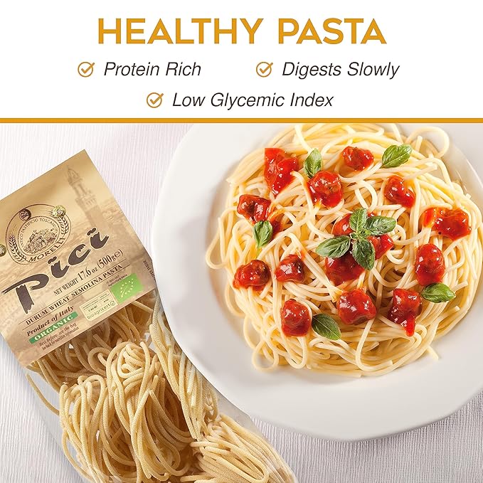 Morelli Pici Pasta di Toscana - Italian Gourmet Organic Pici Noodles - Thick Organic Pasta Nests Made in Italy from Durum Wheat Semolina - 17.6oz (500g) - Pack of 12