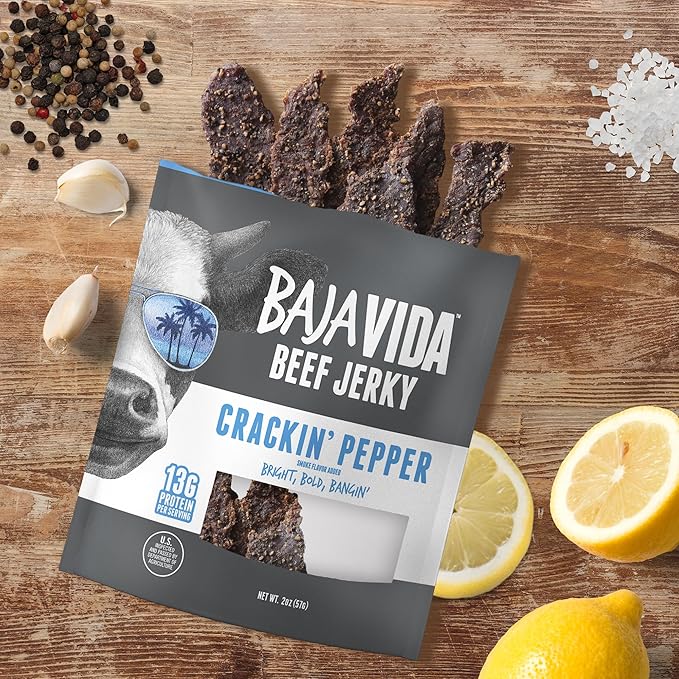 Baja Beef Jerky - 100% All Natural Beef Jerky Keto Jerky Gluten Free Low Calorie Craft Jerky 13g Protein per Serving No Nitrates or Added Hormones - Crackin' Pepper 2 oz Bag (Pack of 3)
