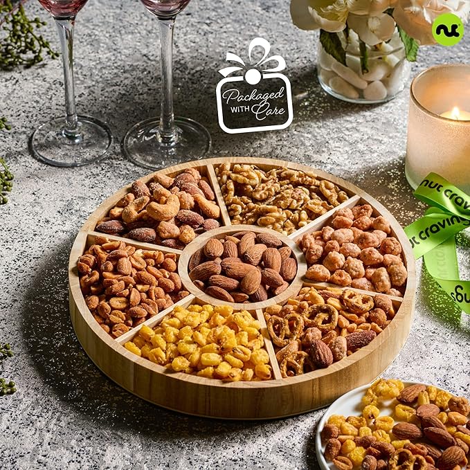 NUT CRAVINGS - Easter Mixed Nuts Gift Basket in Reusable Round Wooden Tray + Green Ribbon (7 Assortments) Ramadan Gifts Saint Patrick's Day Treats for Adults Healthy Snack Care Package Kosher