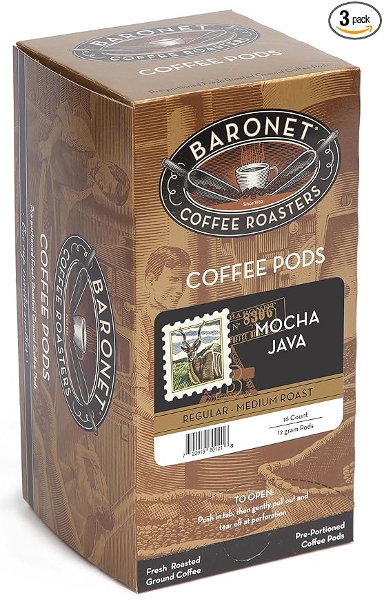 Baronet Coffee Mocha Java Coffee Pods Bag - Regular Medium Roast 12 Grams - Individually Wrapped for Freshness - Rich Traditional Flavor16 Count (Pack of 3)