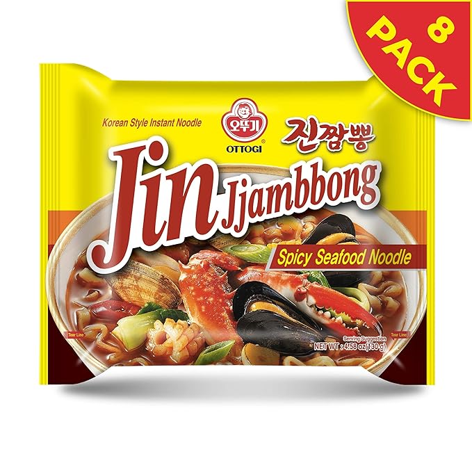 OTTOGI JIN Jjambbong Korean Instant Ramen – Spicy Seafood Noodles Red Broth 4.58 oz (Pack of 8)