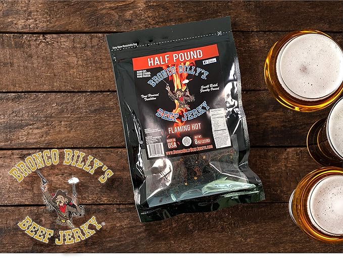Bronco Billy's Beef Jerky Flaming Hot Half Pound Resealable Bag