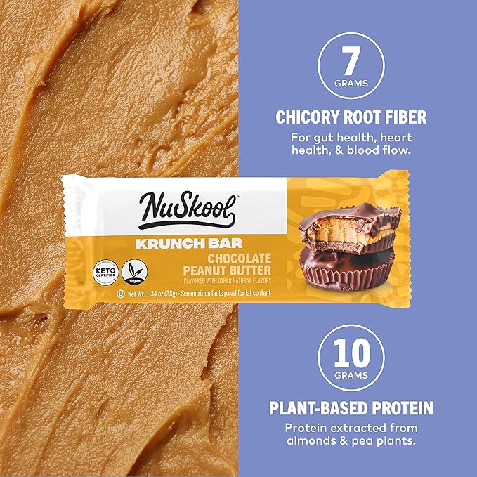 NuSkool Snacks Chocolate Peanut Butter Keto Friendly Protein Krunch Bars (12 Pack) - 7g Fiber 10g Clean Plant-Based Protein 3g Net Carbs - Gluten-Free Non-GMO Vegan Low Carb Keto Healthy Breakfas