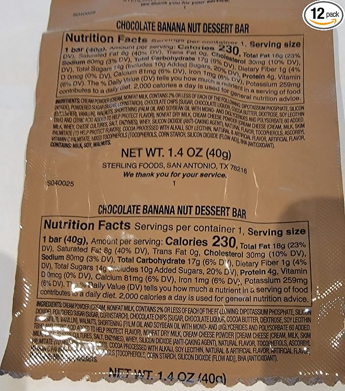 MRE Chocolate Banana Nut Dessert Bar 12 Pack