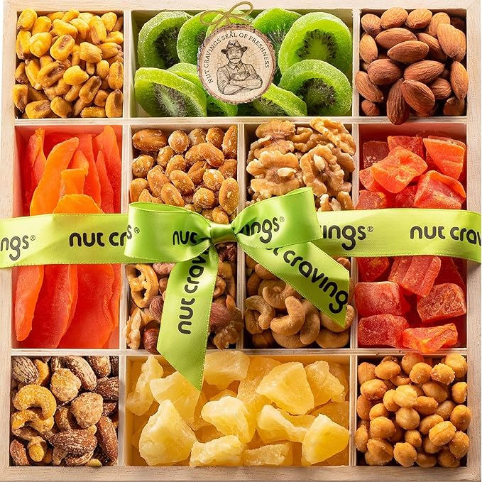 NUT CRAVINGS - Easter Dried Fruit &amp Mixed Nuts Gift Basket in Reusable Wooden Tray + Ribbon (12 Assortments) Ramadan Gifts Saint Patrick's Day Food Arrangement Healthy Snack Care Package Kosher
