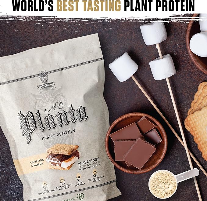 Ambrosia Planta - Plant-Based Protein Powder 20g | Dairy Free Vegan Protein Powder with BCAA Amino Acids | Keto-Friendly No Added Sugar | 25 Servings | Campfire Smores