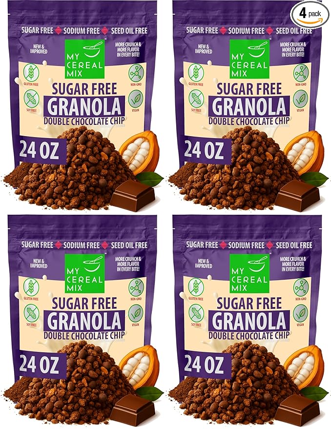 MyCerealMix Sugar Free Granola Double Chocolate Chip 4-Pack 96oz – Keto Diabetic Breakfast Cereal High Fiber Gluten Free Bulk Monk Fruit Plant Based Chocolate Value Snack No Erythritol
