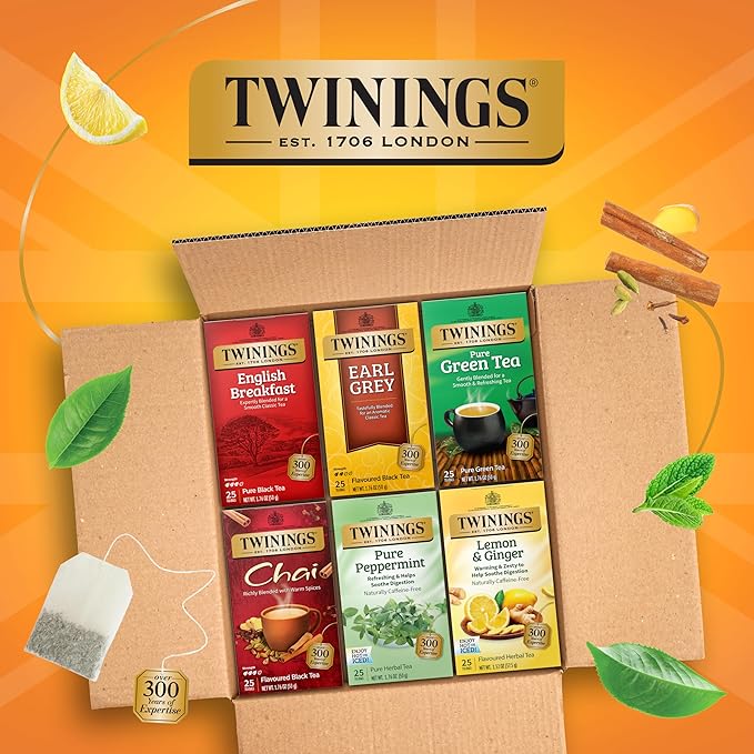 Twinings Variety Pack Tea Bags 25 Count (Pack of 6) Includes English Breakfast Earl Grey Lemon Ginger Peppermint Green and Chai Enjoy Hot or Iced 150 Teabags