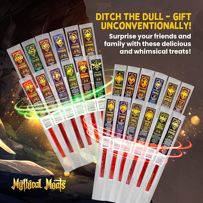 Mythical Meats Exotic Sampler Pack – 24 Mysterious Game and Beef Snack Sticks – Dried &amp Dehydrated Meats Seasoned to Perfection – High Protein Snacks Keto Friendly