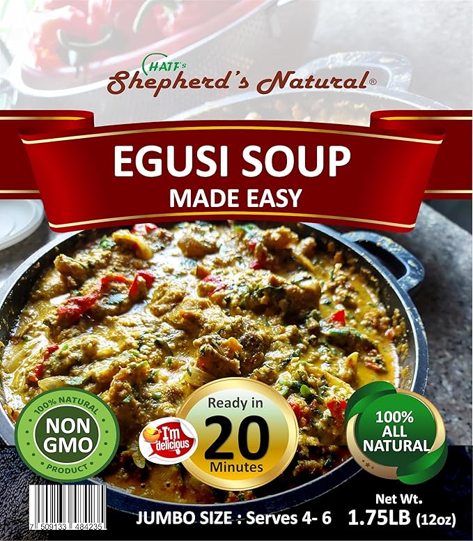EGUSI SOUP MADE EASY – Get the rich traditional taste of Nigeria in minutes! This full 1.75LB jumbo kit by HATF'S SHEPHERD'S NATURAL serves 4–6 and cooks in just 20 minutes. Perfect for easy meals!