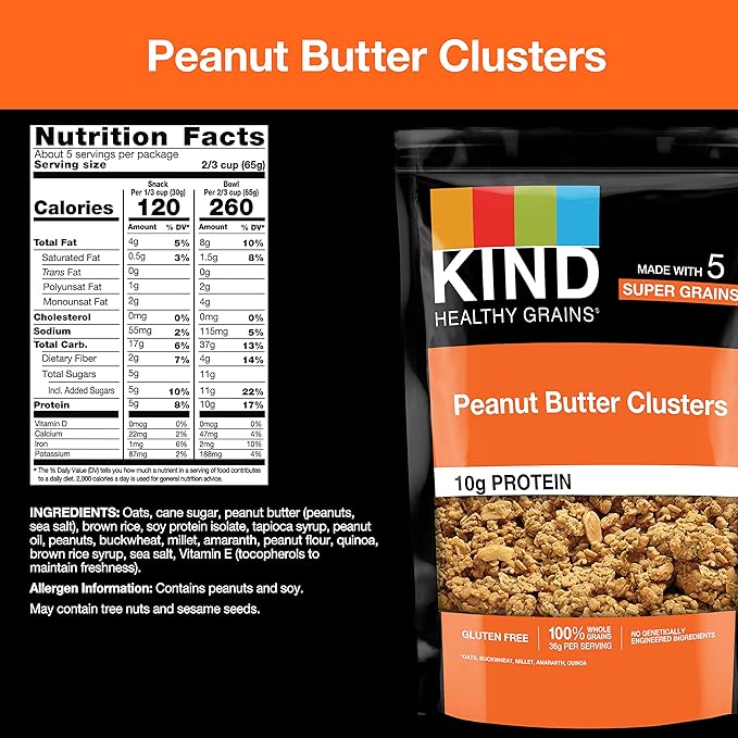 KIND Healthy Grains GranolaPeanut Butter ClustersHealthy SnacksGluten Free100% Whole Grains10g Protein11oz(Pack of 6)