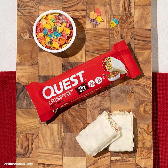 Quest Nutrition Crispy Protein Bar Fruity Cereal Flavor 18g Protein 1g Sugar 2g Net Carbs Low Sugar 12 Count