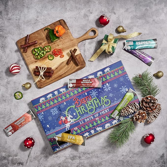 Man Crates 12 Days of Jerky Advent Calendar 2025 Featuring Ugly Christmas Sweater Artwork – Includes 12 Delicious Bites of Beef Jerky – Festive Flavors Like Habanero Maple Bourbon &amp More