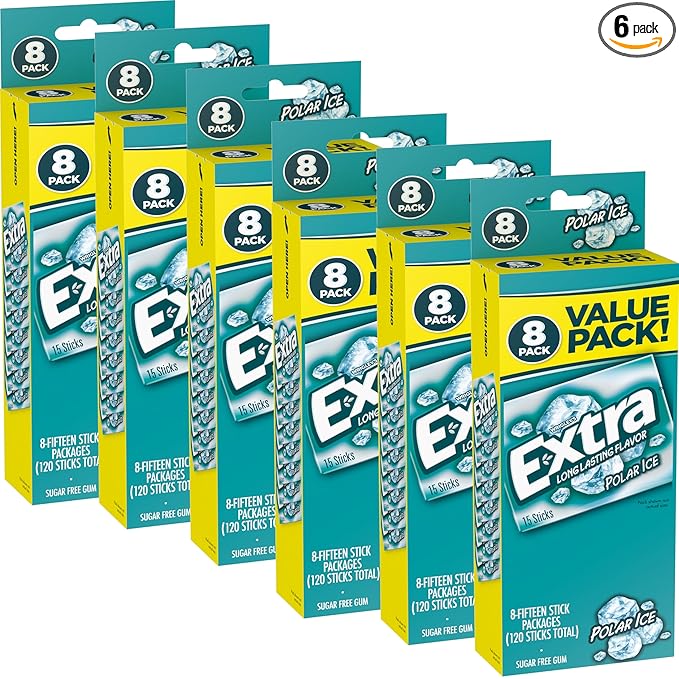 EXTRA Polar Ice Gum Sugar-Free 8 Ct/Box Pack of 6 (48 Count Total) Bulk Mint Gum