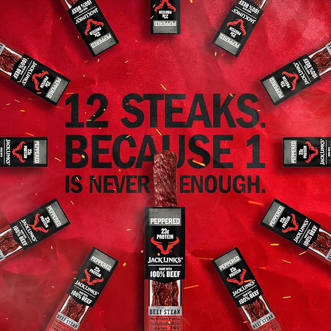Jack Link's Beef Steak Peppered - Protein Snacks Meat Snack with 22g of Protein Made with 100% Beef Individually Wrapped Bulk Snack Pack Keto Friendly - 2 Oz. (12 Count)