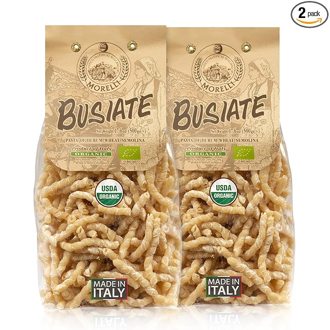 Morelli Spiral Pasta - Organic Premium Durum Wheat Semolina Italian Pasta from Italy - Protein-Rich Ancient Grains All Natural Gourmet Italian - Busiate (Trofie Gemelli) 17.6 Oz - Pack of 2