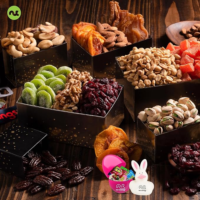 NUT CRAVINGS Gourmet Collection - Easter Treats Candies &amp Dried Fruit Nuts Tower Gift Basket with Happy Easter Ribbon Candy Filled Egg + Bunny (12 Piece Assortment)