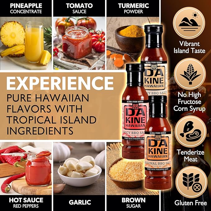 Da Kine Hawaiian BBQ Sauce - Premium Gourmet Barbecue Sauce Gluten-Free Flavored Seasoning &amp Dipping BBQ Spices for Meat Fish &amp Vegetables Grill &amp Kitchen Essentials - 3 Flavors 12 oz