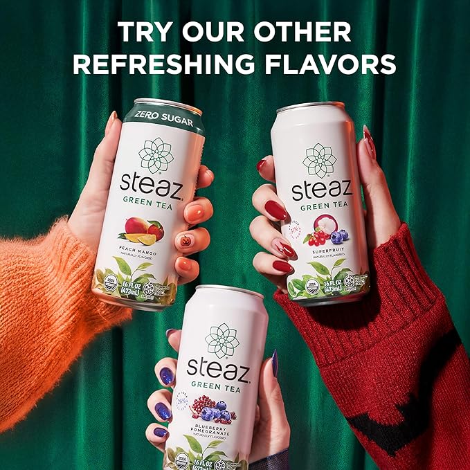 Steaz - Organic Green Tea - Hibiscus Flavored (12 Pack) - Antioxidant Brew - 30mg Natural Caffeine Vitamin C - Cane Sugar Sweetened Iced Tea - Vegan Fair Trade - 12 Cans 16 fl oz (473mL)