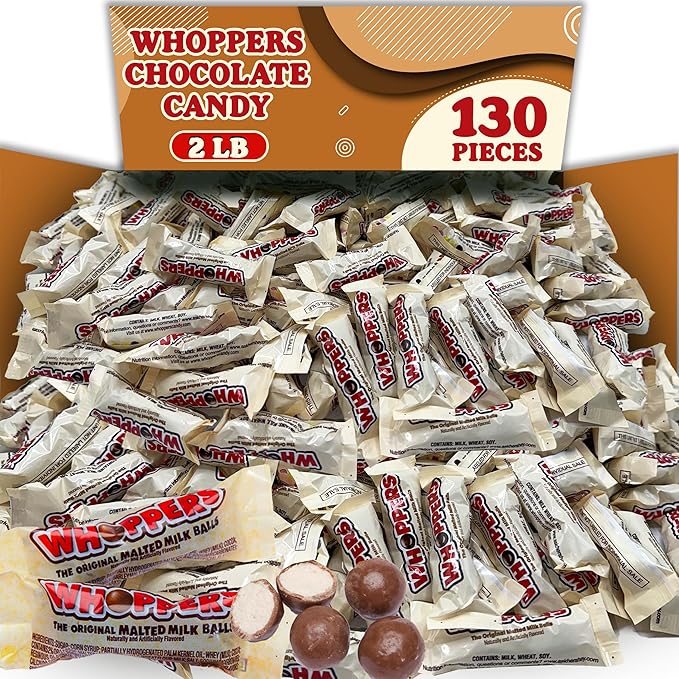 Whoopers Malted Milk Chocolate Candy Balls 2 Lbs Bulk Individually Wrapped Fun Size Packs 3 Balls Per Pack Original Malted Milk Balls Chocolate Candy Classic Treat for Office Snack and Movies Ap