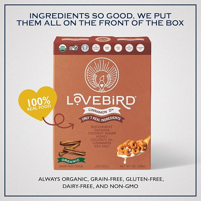 Lovebird Organic Cereal That Actually Tastes Good - 100% Real Food &amp Healthy Gluten Free Cereal No Refined Sugar Paleo Keto Friendly Healthy Snacks for Kids Adults - Cinnamon 3-Pack
