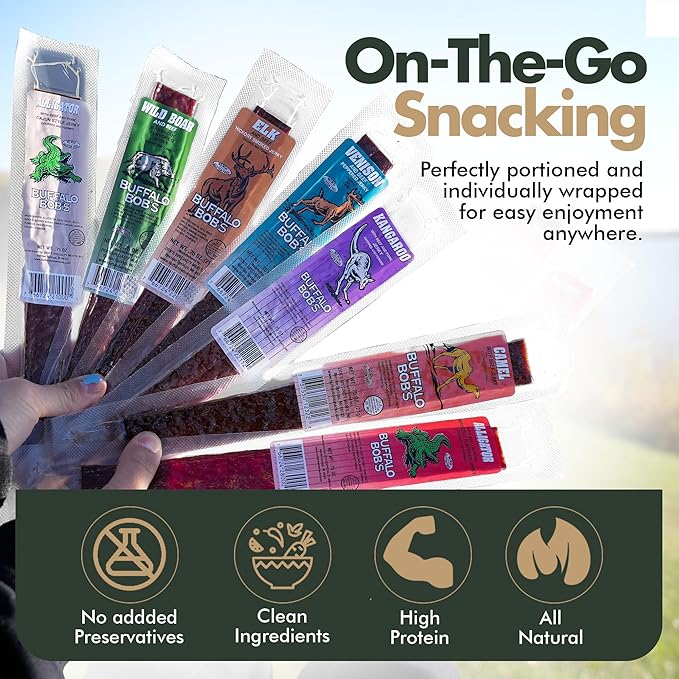 Buffalo Bob’s Wild Game Jerky (10-Pack) | Premium Exotic Meat Sampler Gift Pack | Includes Buffalo Elk Venison Ostrich Wild Boar Camel Alligator Jerky | Ideal for Trips Camping &amp Hiking