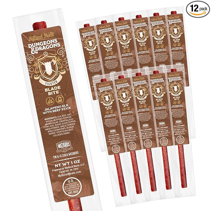 Mythical Meats Dungeons &amp Dragons Blade Bite (Fighter) - 12 Jerky Sticks - Jalapeno Elk with Beef Stick Gluten Free MSG Free