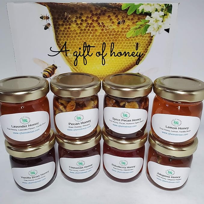 C&ampJ Farms Texas Gourmet Artisan Seasonings A Gift of Honey Set- 8 Piece Sweet Variety Box- Pure Raw Natural Infused Honey by TX Bees in Sampler Jars