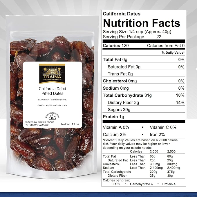 Traina Home Grown California Dried Pitted Dates - Healthy No Added Sugar Non GMO Kosher Certified Vegan Packed in Resealable Pouch (2 lbs)
