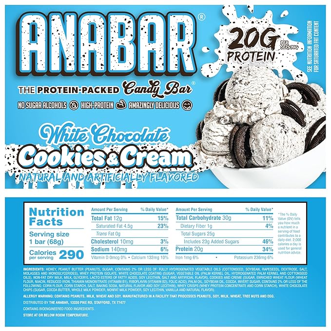 Anabar Protein Bar The Protein-Packed Candy Bar Amazing Tasting Protein Bar High Protein 20g of Protein (12 Bars Cookies &amp Creme)