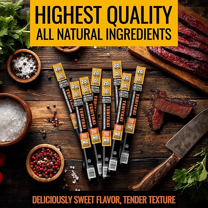 Tillamook Country Smoker PRO Edition Meat Sticks Zero Sugar Teriyaki 2 Oz (8 Sticks) Real Hardwood Smoked Sausages Angus Beef and Pork High Protein Individually Wrapped Keto Snack for Athletes