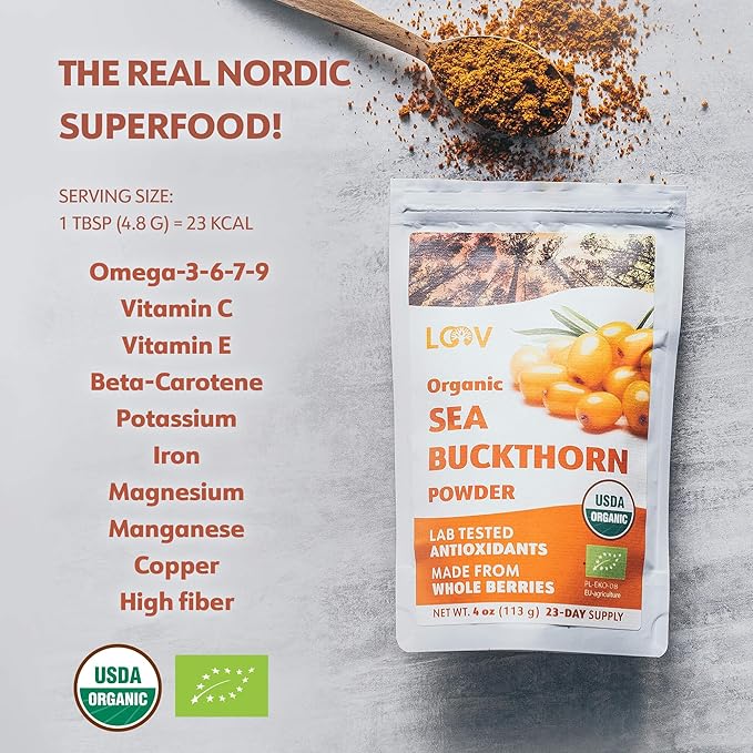 LOOV Organic Sea Buckthorn Berry Powder High in Fiber Omegas Vitamin C Vitamin E Made from Whole Berries 4 Oz Grown in Nordic Climate 23-Day Supply No Added Sugar Non-GMO