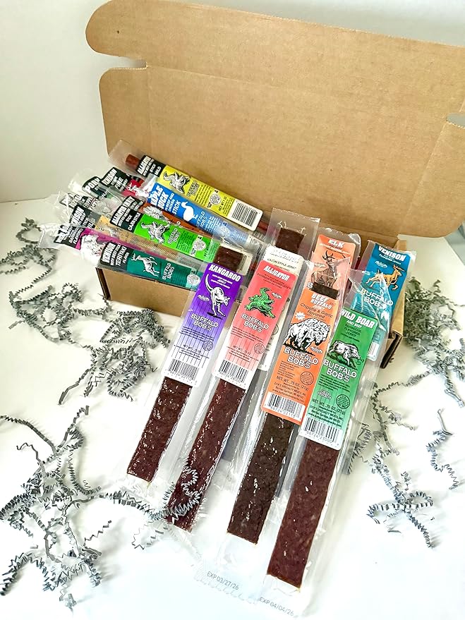 Buffalo Bob's Exotic Jerky Gift Box - Staff Favorite 20 Piece Assortment: Alligator Buffalo Venison Beef Ostrich Duck Elk - BBQ Cajun Peppered Teriyaki
