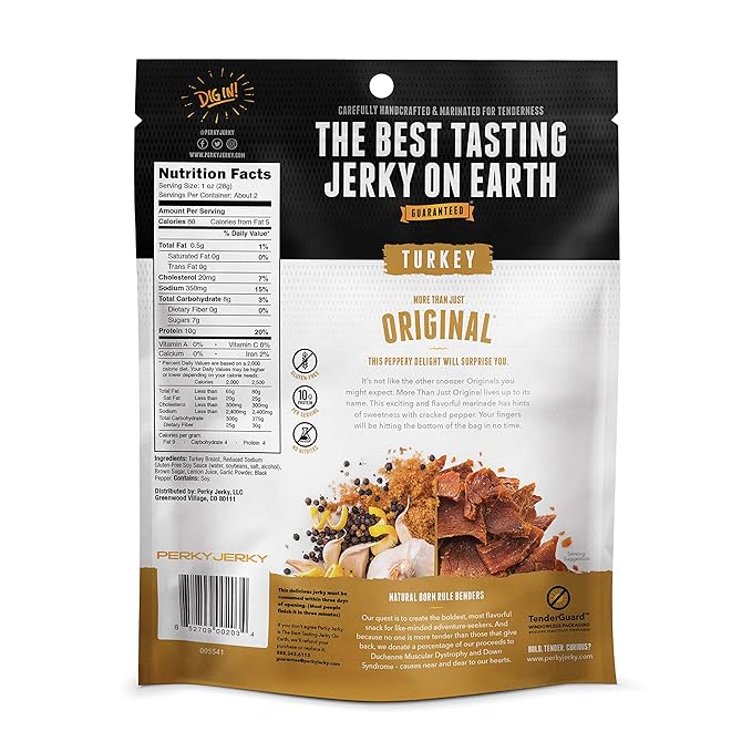 Perky Jerky Original Turkey Jerky Low Sodium - 10g Protein per Serving - Low Fat - 100% U.S. Sourced - Tender Texture and Bold Flavor 2.2 Ounce (Pack of 12)