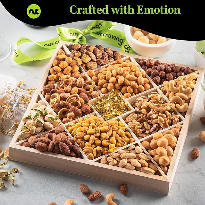 NUT CRAVINGS - Easter Mixed Nuts Gift Basket in Reusable Diamond Wooden Tray + Green Ribbon (12 Assortments) Ramadan Gifts Treats for Adults Healthy Snack Care Package Kosher