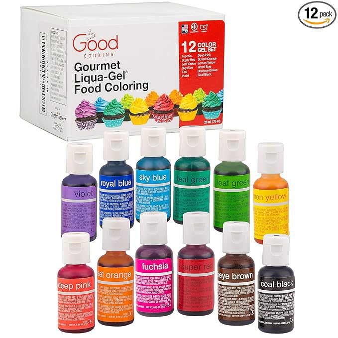 Food Coloring Liqua-Gel 12 Pack (.75ml Bottles) Tasteless Rainbow Color Dye Kit - Christmas Baking Decorating Fondant Frosting Chocolate Cooking Slime Crafts - Made in USA