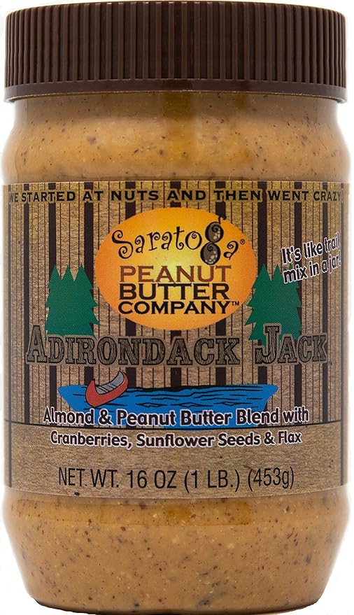 Saratoga Peanut Butter Company Adirondack Jack - Almond/Peanut Blend with Cranberries Flax Cinnamon Honey Sunflower seeds. 16 Ounce Jar. Gluten- Free Non GMO Freshly Made All Natural.