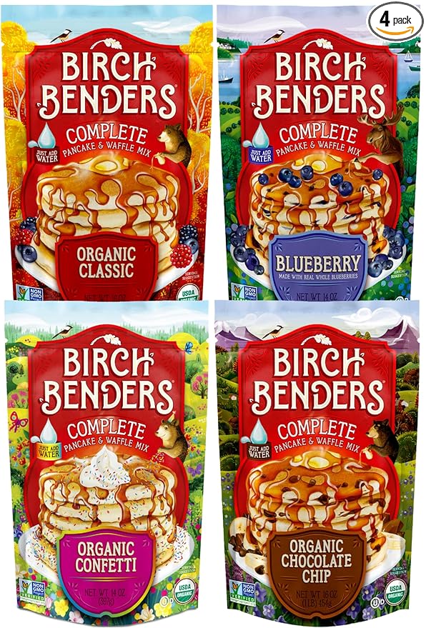 Birch Benders Pancake and Waffle Mix Variety: (Pack of 4) Organic Classic Blueberry Organic Confetti Organic Chocolate Chip