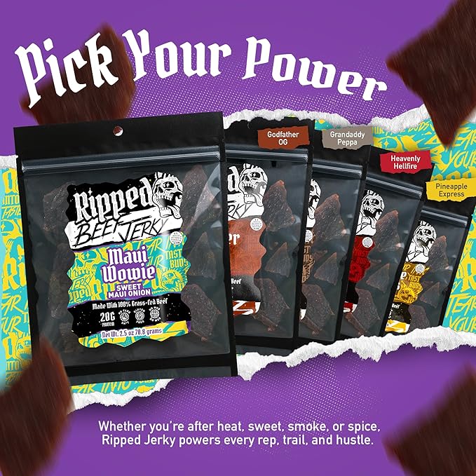 Ripped Beef Jerky - 100% Grass Fed Beef 20g Protein Real Ingredients Gluten Free No MSG Made in USA (2.5 Ounce (Pack of 3) Maui Wowie)