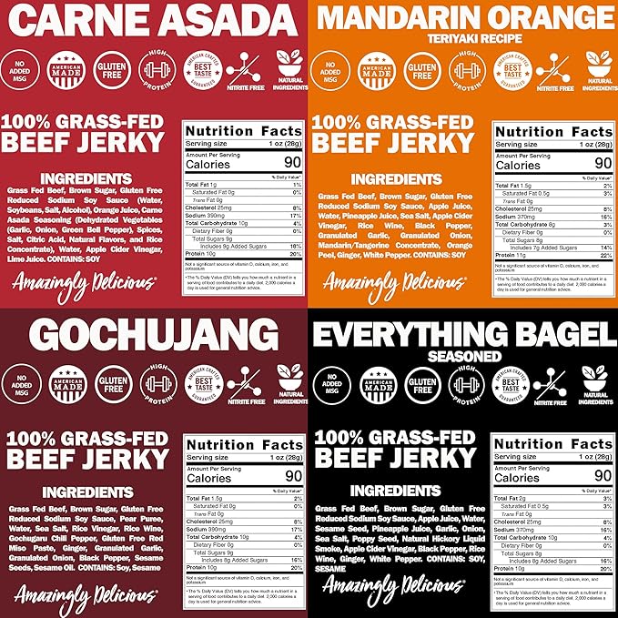 Field Trip Grass Fed Beef Jerky Variety Pack Healthy Gluten Free Snacks All Natural Paleo-Friendly Meat Snacks with No Nitrates Low Carb High Protein Snacks 2.2oz Bag 4 Pack