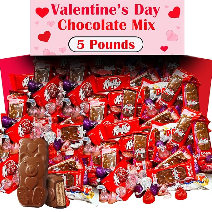 Valentine's Day Chocolate Candy Bulk 5 Lbs Mix Individually Wrapped Valentines Day Candy Assortment Heart Adorned Mini Milk Chocolate Bear Bars Red Pink Candy for Classroom Exchange and Gifting