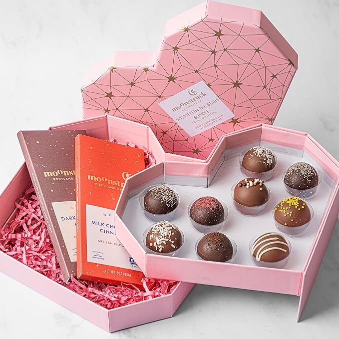 Moonstruck Chocolate Written in the Stars Valentine's Day Gift Box – 9 Truffles &amp 2 Chocolate Bars Premium Chocolate Bundle for Loved Ones
