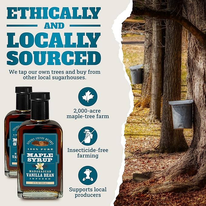 Lincoln County Reserve Vanilla Maple Syrup - Real Madagascar Vanilla Whole Bean Infused - 12 oz Glass Bottle - Perfect Pancake Syrup - Grade A - Gluten Free - Bottled in Wisconsin